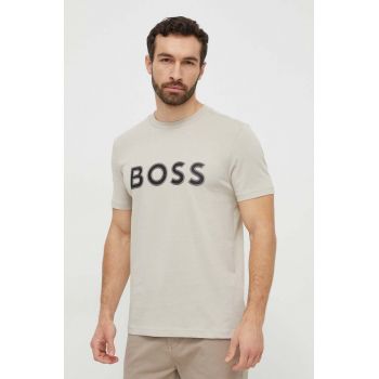 BOSS Green tricou din bumbac bărbați, culoarea bej, cu imprimeu 50506344