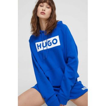 HUGO Blue hanorac de bumbac femei, cu glugă, imprimeu 50515818