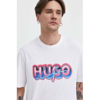 HUGO Blue tricou din bumbac bărbați, culoarea alb, cu imprimeu 50515278