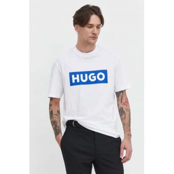 HUGO Blue tricou din bumbac bărbați, culoarea alb, cu imprimeu 50522376