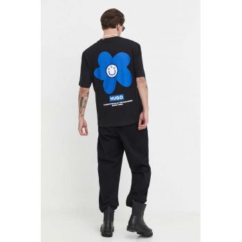 HUGO Blue tricou din bumbac bărbați, culoarea negru, cu imprimeu 50513214
