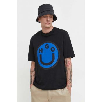 HUGO Blue tricou din bumbac bărbați, culoarea negru, cu imprimeu 50513189