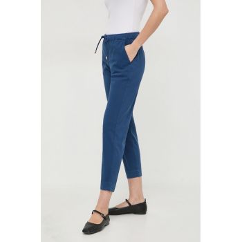 Max Mara Leisure pantaloni femei, culoarea bleumarin, drept, high waist 2416130000000