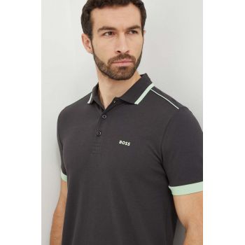 Boss Green polo de bumbac culoarea gri, neted