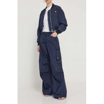 HUGO pantaloni femei, culoarea bleumarin, lat, high waist 50510894