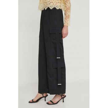Sisley pantaloni femei, culoarea negru, lat, high waist