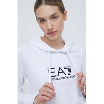 EA7 Emporio Armani bluza femei, culoarea alb, cu glugă, cu imprimeu