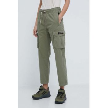 Napapijri pantaloni de bumbac culoarea verde, drept, high waist