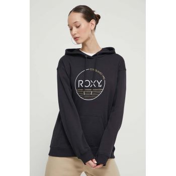Roxy bluza femei, culoarea negru, cu glugă, cu imprimeu, ERJFT04815