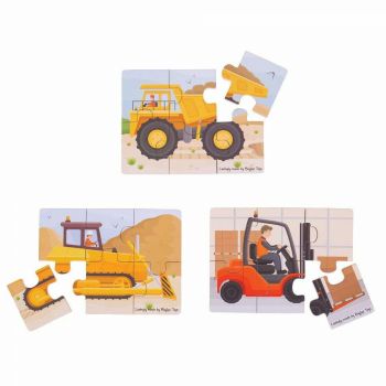 Set 3 puzzle din lemn - Vehicule pentru constructii, BIGJIGS Toys, 2-3 ani +