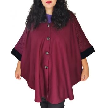 Jacheta stil Poncho elegant, dama, model 1, din stofa, guler cu blanita si broderie crosetata , marime mare, culoare bordo 1615 ieftin