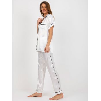 Pijamale albe de dama din satin cu pantaloni lungi si camasa