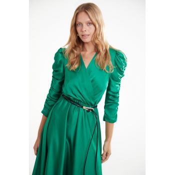 Rochie eleganta de ocazie Zina midi din satin verde cu maneca lunga ieftina