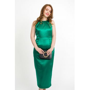 Rochie eleganta lunga Sara, verde, conica cu decupaj la spate - Moze ieftina