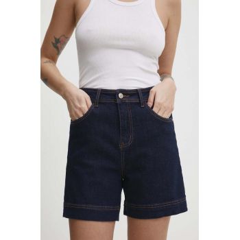 Answear Lab pantaloni scurti jeans femei, culoarea albastru marin, neted, high waist