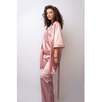 Malika Fashion Set Pijama Satin Selena cu Halat, Maiou Si Pantaloni