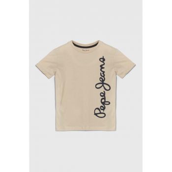 Pepe Jeans tricou de bumbac pentru copii WALDO culoarea bej, cu imprimeu