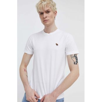 Abercrombie & Fitch tricou din bumbac barbati, culoarea alb, neted