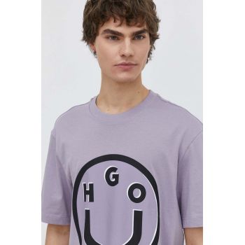HUGO Blue tricou din bumbac bărbați, culoarea violet, cu imprimeu 50513189