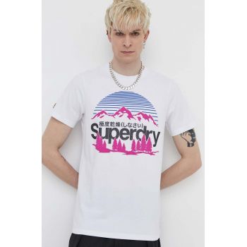 Superdry tricou din bumbac barbati, culoarea alb, cu imprimeu