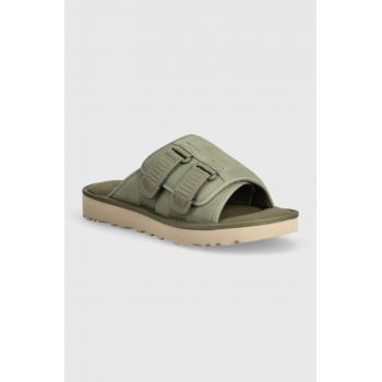 UGG papuci din piele Goldencoast Strap Slide barbati, culoarea verde, 1142730