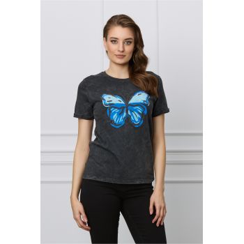 Tricou gri antracit cu fluture albastru