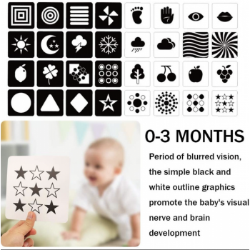 Set 16 carduri STEM alb-negru, de stimulare vizuala pentru bebelusi 0-3 luni