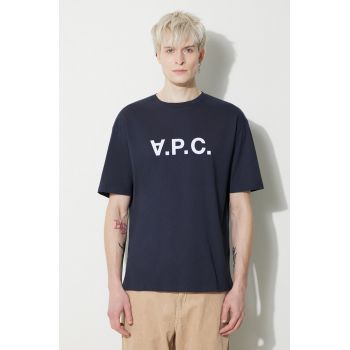 A.P.C. tricou din bumbac T-Shirt River bărbați, culoarea bleumarin, cu imprimeu, COFDW.H26324.IAK
