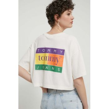 Tommy Jeans tricou din bumbac femei, culoarea bej, DW0DW18141