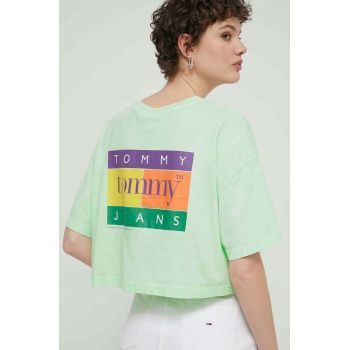 Tommy Jeans tricou din bumbac femei, culoarea verde, DW0DW18141