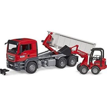 Jucarie MAN TGS truck with roll-off container and Schäffer farm loader, model vehicle