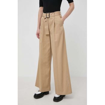 Karl Lagerfeld pantaloni femei, culoarea bej, drept, high waist
