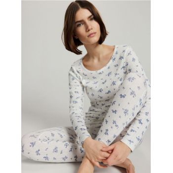 Reserved - Pijama din două piese cu imprimeu floral - crem