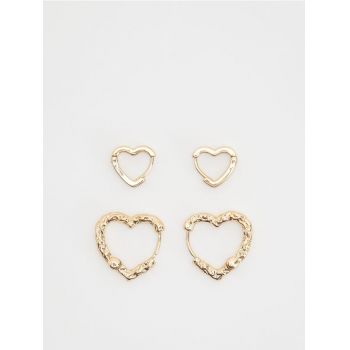 Reserved - Set de 2 perechi de cercei în formă de inimă - auriu