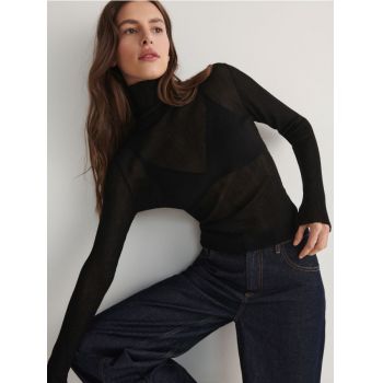 Reserved - Guler rulat din tricot striat fin - negru