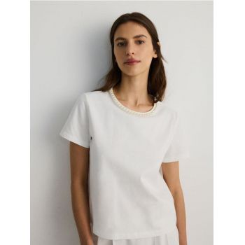 Reserved - Tricou cu decolteu ornamental - alb
