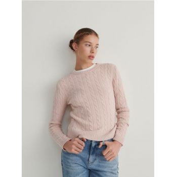 Reserved - Pulover tricotat cu torsade - roz-trandafiriu