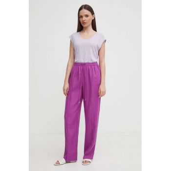 United Colors of Benetton pantaloni din in culoarea violet, drept, high waist