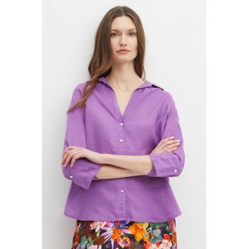 Medicine camasa de in femei, culoarea violet, cu guler clasic, relaxed