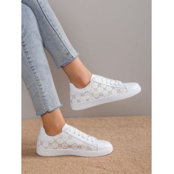 Pantofi sport cu siret si imprimeu, alb, dama