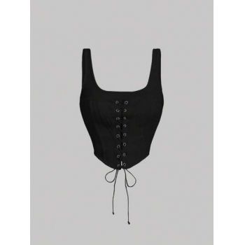 Top stil corset, snur si bretele subtiri, negru, dama