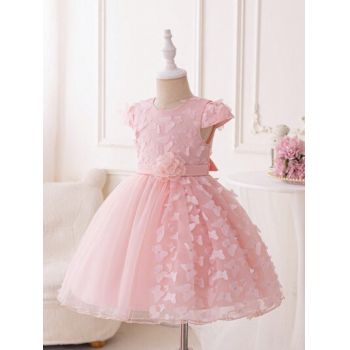 Rochie mini cu tull si aplicatii fluturi, roz, fete, Shein