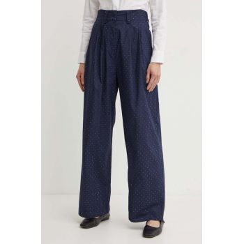 Marella pantaloni de bumbac culoarea albastru marin, lat, high waist, 2413131105200