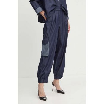 MAX&Co. pantaloni de bumbac culoarea albastru marin, drept, high waist, 2416181053200