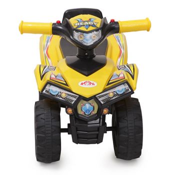 ATV pentru copii fara pedale Moni RideGo Galben cu spatiu depozitare jucarii, muzica de la 1 an pana la 20 kg
