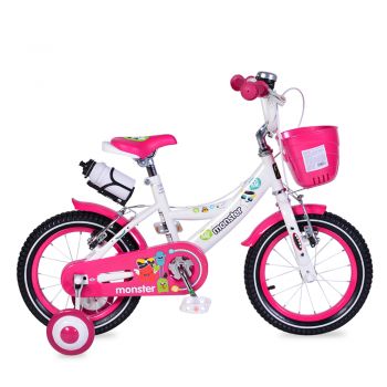 Bicicleta pentru fetite cu roti ajutatoare si cosulet 14 inch Little Monster Pink la reducere