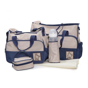 Set 5 piese cu Geanta multifunctionala pentru mamici Cangaroo Mama Bag Stella Navy compartimente practice,cu maner reglabil,husa termoizolanta pentru biberon,salteluta, gentuta suzete si geanta scutece