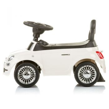 Masinuta copii fara pedale Chipolino Fiat 500 white, volan cu melodii si claxon, scaun spatios cu spatar, sustine o greutate de pana la 20 kg