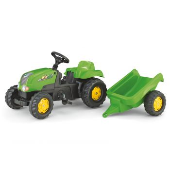 Tractor cu pedale Rolly Kid X verde cu remorca de firma originala