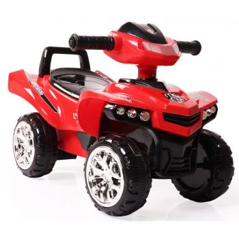 ATV copii fara pedale Moni No Fear Red cu compartiment depozitare jucarii, volan cu claxon, functii muzicale, inaltime pana la sezut 23 cm